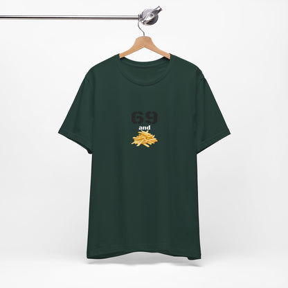 Unisex graphic T-shirt featuring humorous 69 and French fries design, in casual style with vibrant print.