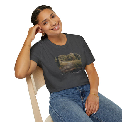 Vintage forest landscape T-shirt from Printify featuring a nature pathway design on a casual tee.