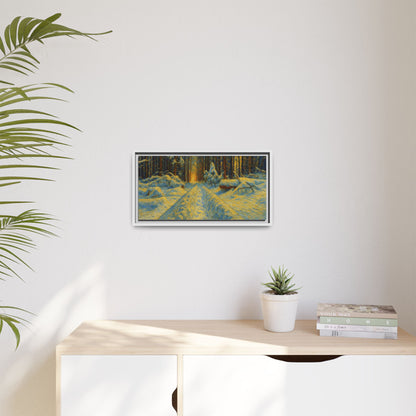 Framed matte canvas print of a snowy forest path at sunset, wall art featuring a serene winter landscape by Printify.