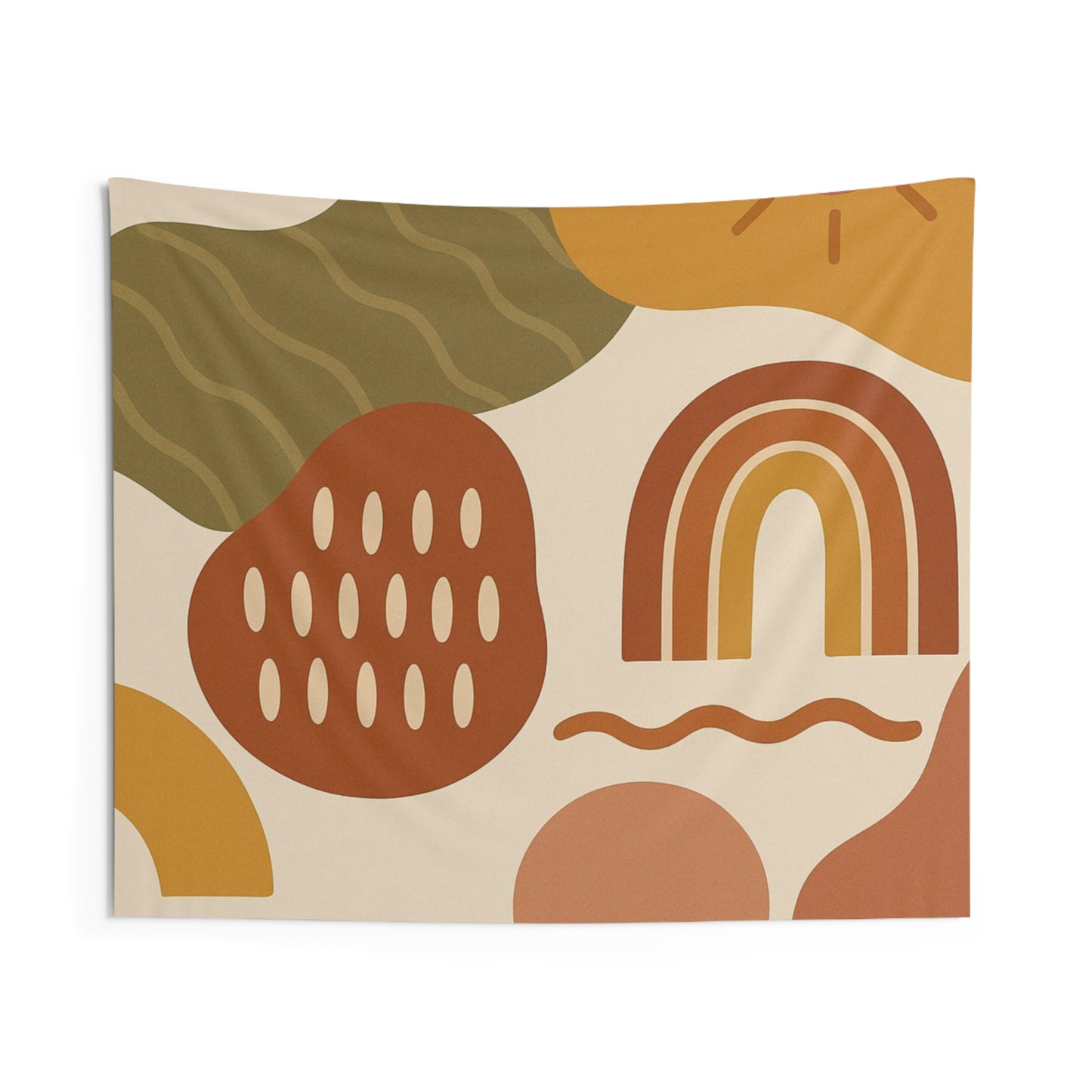 Boho Abstract Rainbow Tapestry — Retro Sun & Earthy Shapes Wall Hanging
