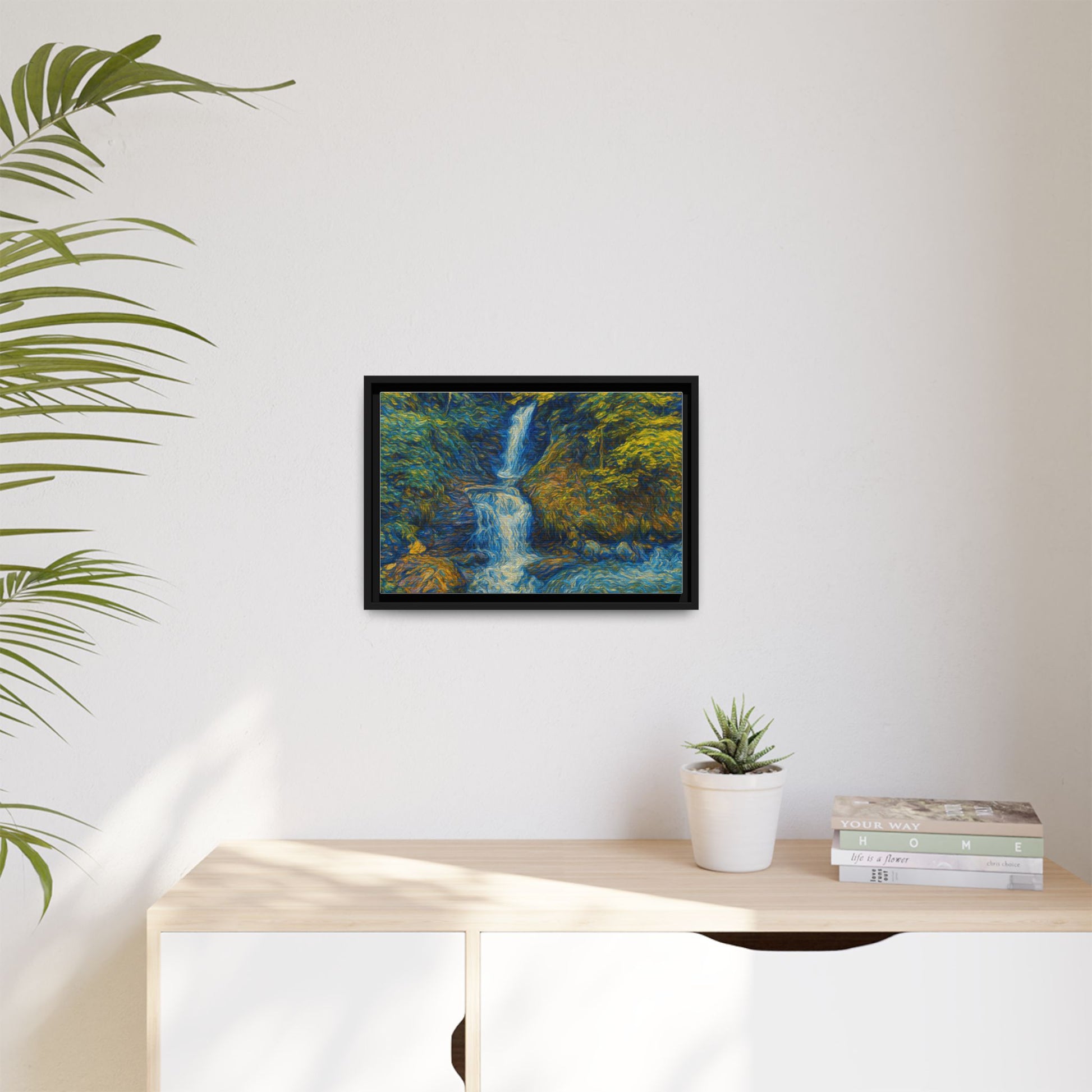 Framed matte canvas print of an impressionist waterfall wall art by Printify, featuring vibrant colors and textured brushstrokes.
