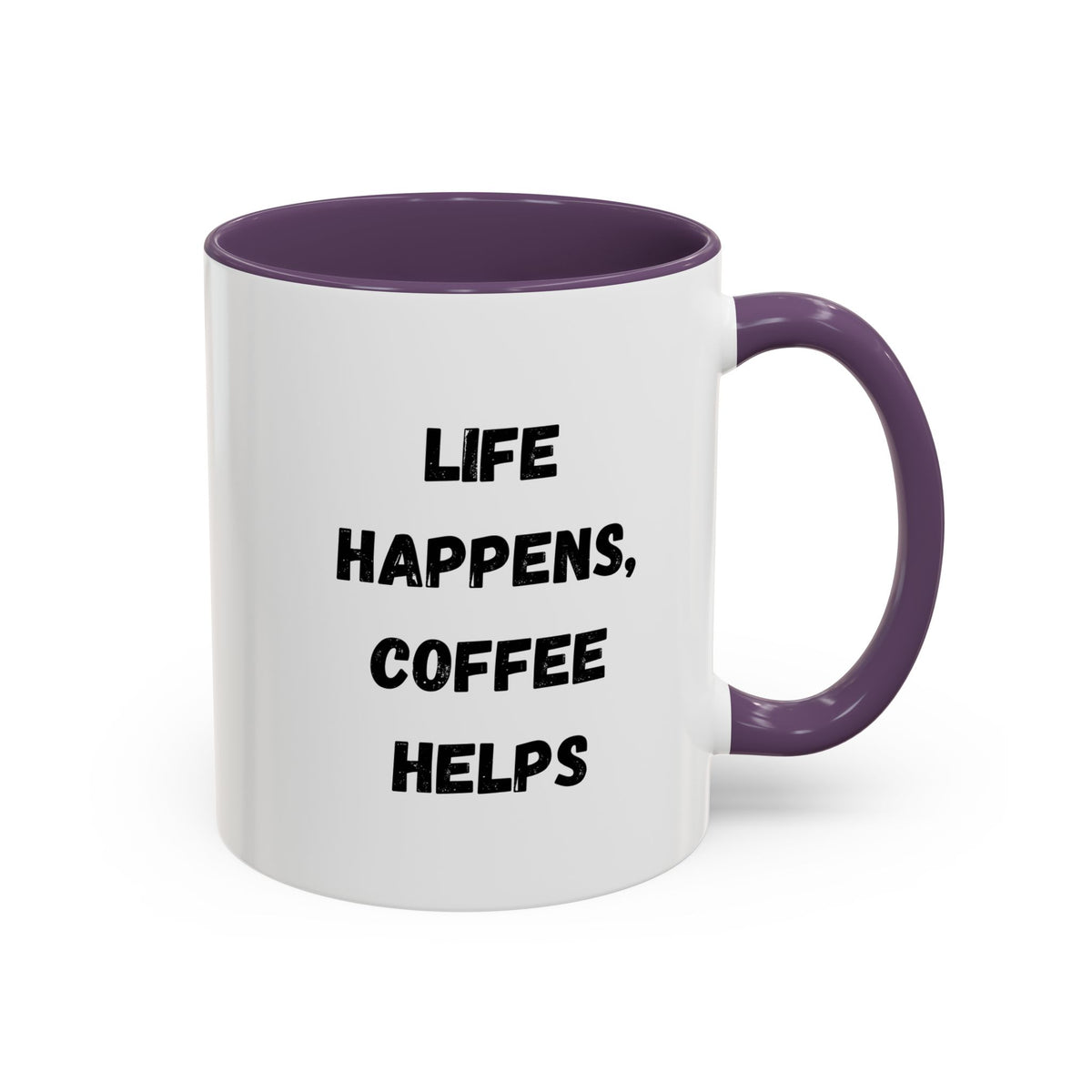 Black ceramic mug with "Life Happens Coffee Helps" text, 11oz or 15oz size, with black handle and rim, by Printify.