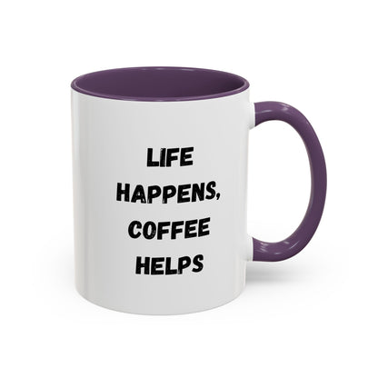 Black ceramic mug with "Life Happens Coffee Helps" text, 11oz or 15oz size, with black handle and rim, by Printify.