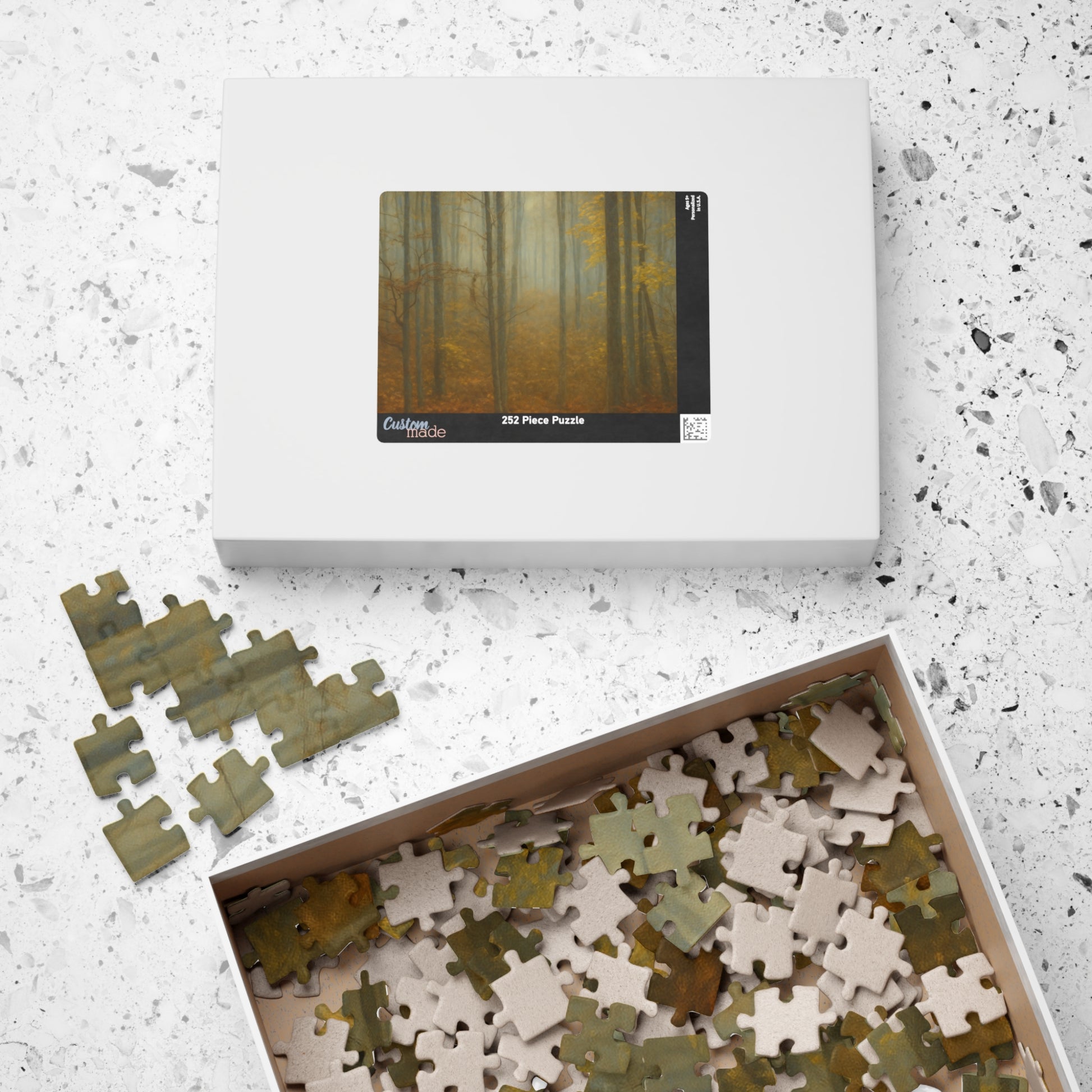 Printify Misty Forest Trees puzzle with 110 and 1014 pieces, featuring a serene forest scene with tall trees and misty atmosphere.