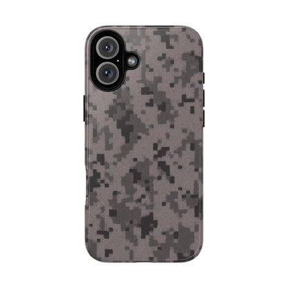 Gray digital camouflage phone case by Printify, rugged protective cover for smartphones with tough, stylish camo design.