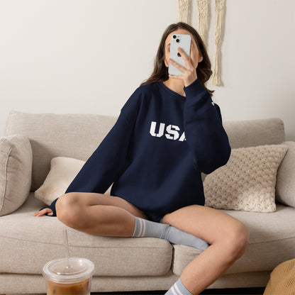 USA Crewneck Sweatshirt by Printify featuring a cozy, patriotic design perfect for all seasons.