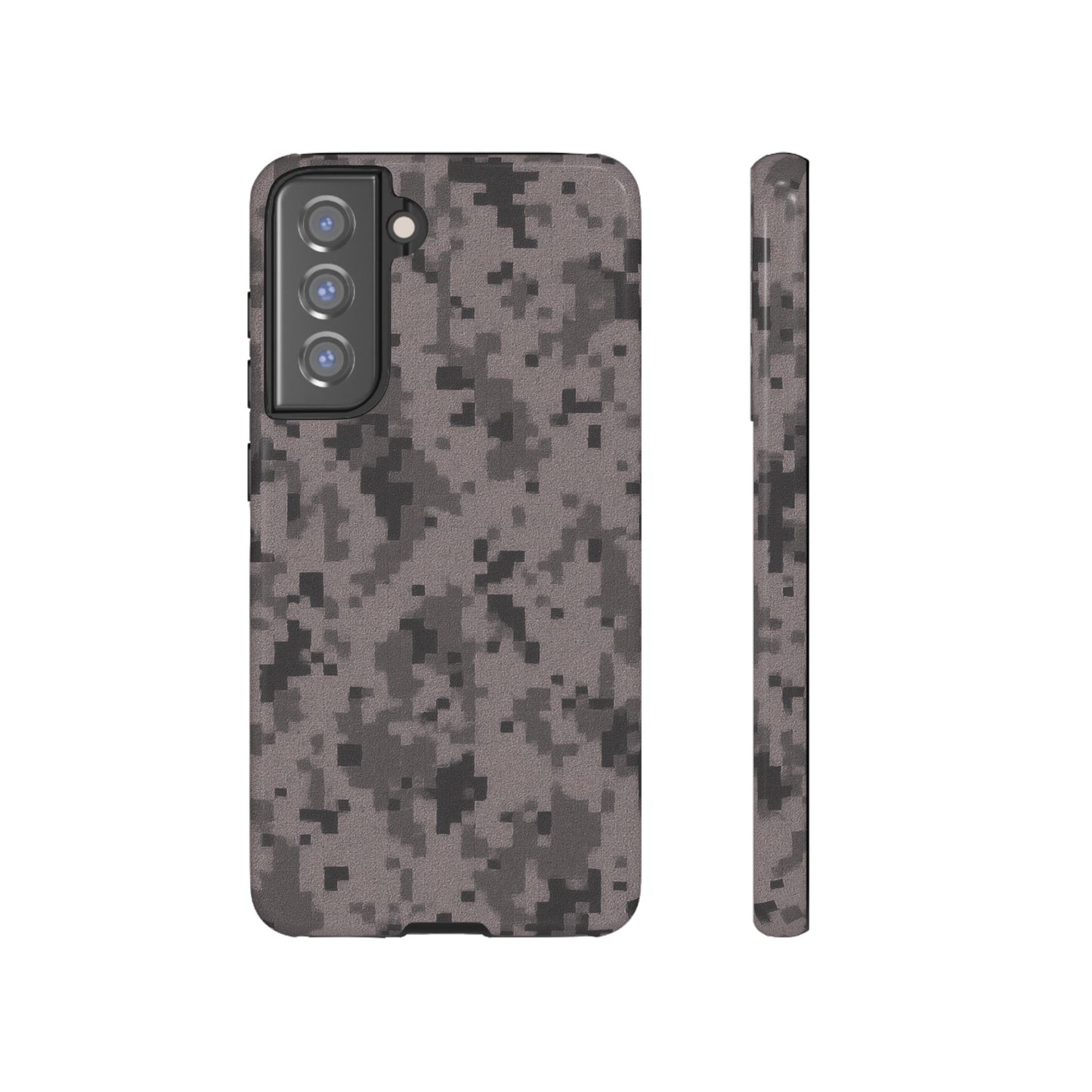 Gray digital camouflage phone case by Printify, tough protective cover designed for smartphones with a digital camo pattern.