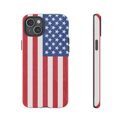 Durable American flag phone case for iPhone by Printify, featuring a patriotic design and rugged protective style.