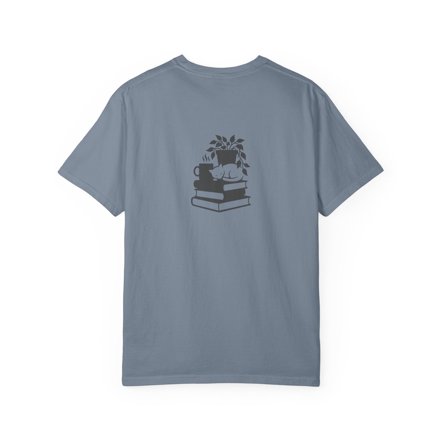 Cozy Cat on Books T-Shirt | Reading Tea Stack Illustration