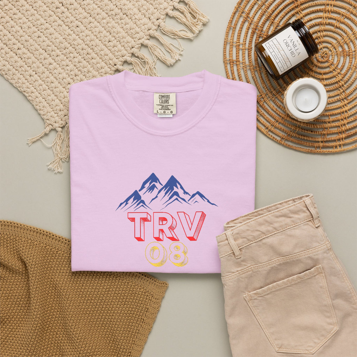 Unisex garment-dyed T-shirt with TRV08 Logo print by Printify, casual fit, soft fabric, front view with logo design visible.