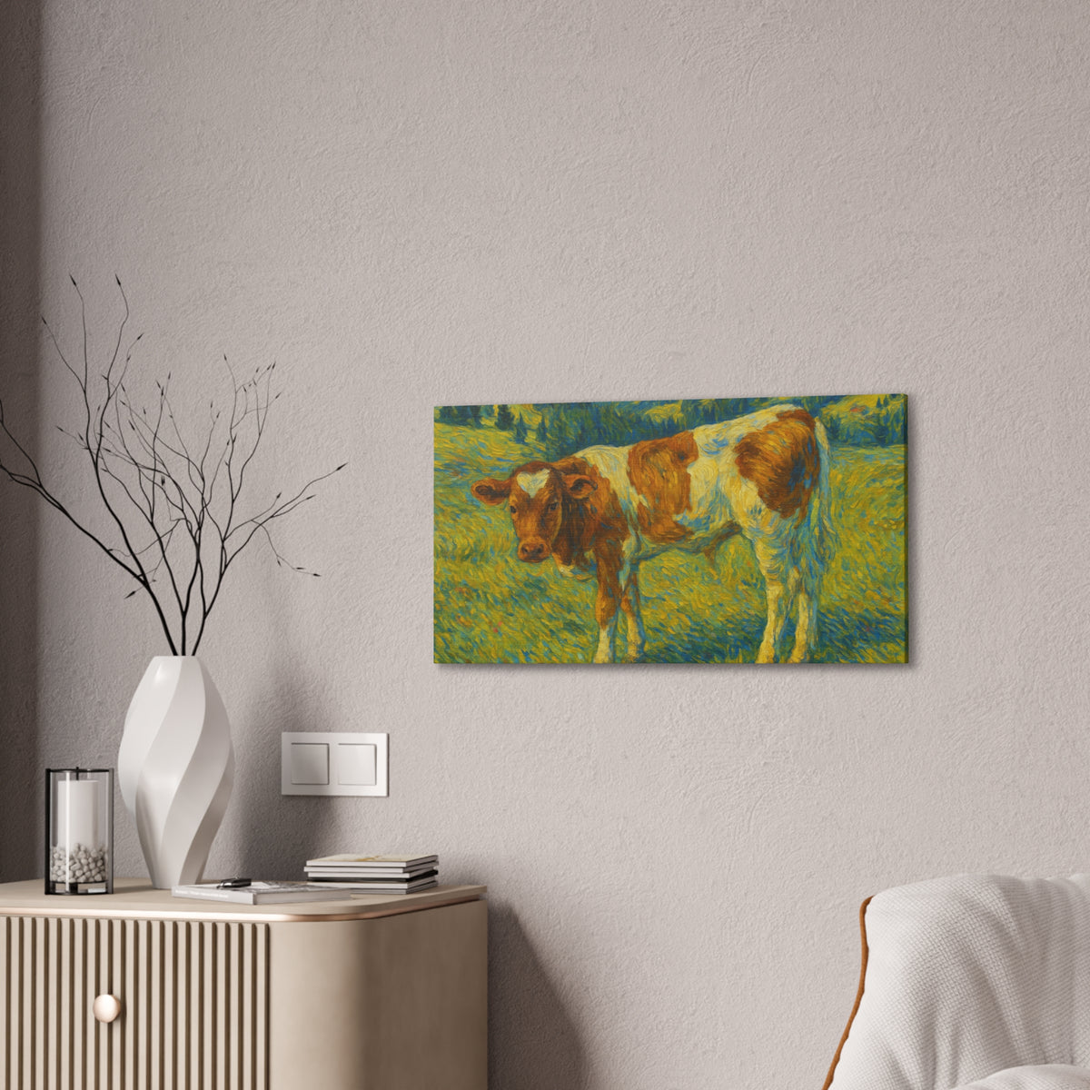 Rustic farmhouse canvas print featuring a cow in a meadow, printed on high-quality canvas by Printify.