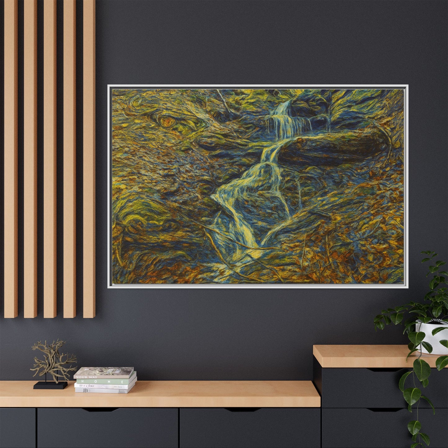 Framed matte canvas wall art featuring an autumn forest with a waterfall, showcasing nature scene by Printify.