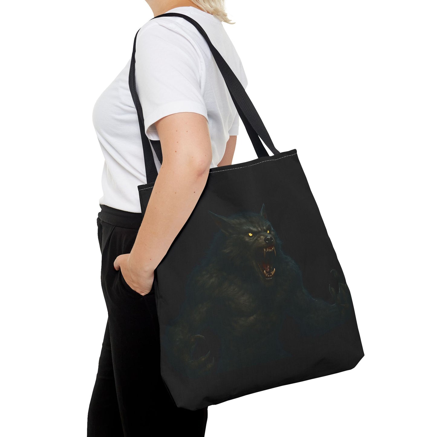 Dark Halloween-themed Werewolf Tote Bag with horror art, perfect gift for horror fans, by Printify.