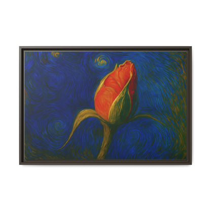 Red rose bud painting on canvas framed wall art by Printify, featuring a vibrant matte floral design.