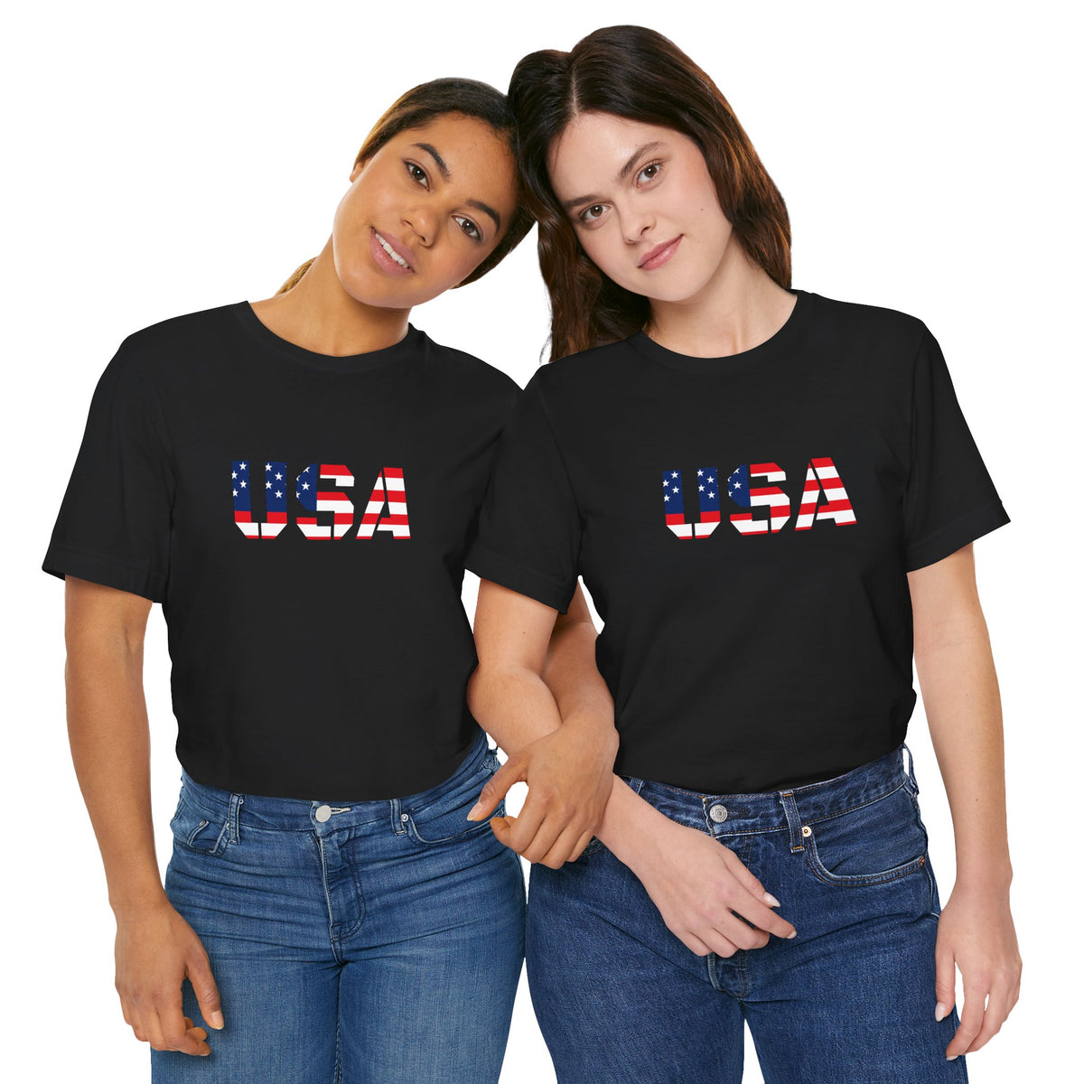 USA flag text t-shirt by Printify featuring patriotic graphic design on a casual cotton T-shirt for Fourth of July celebrations.