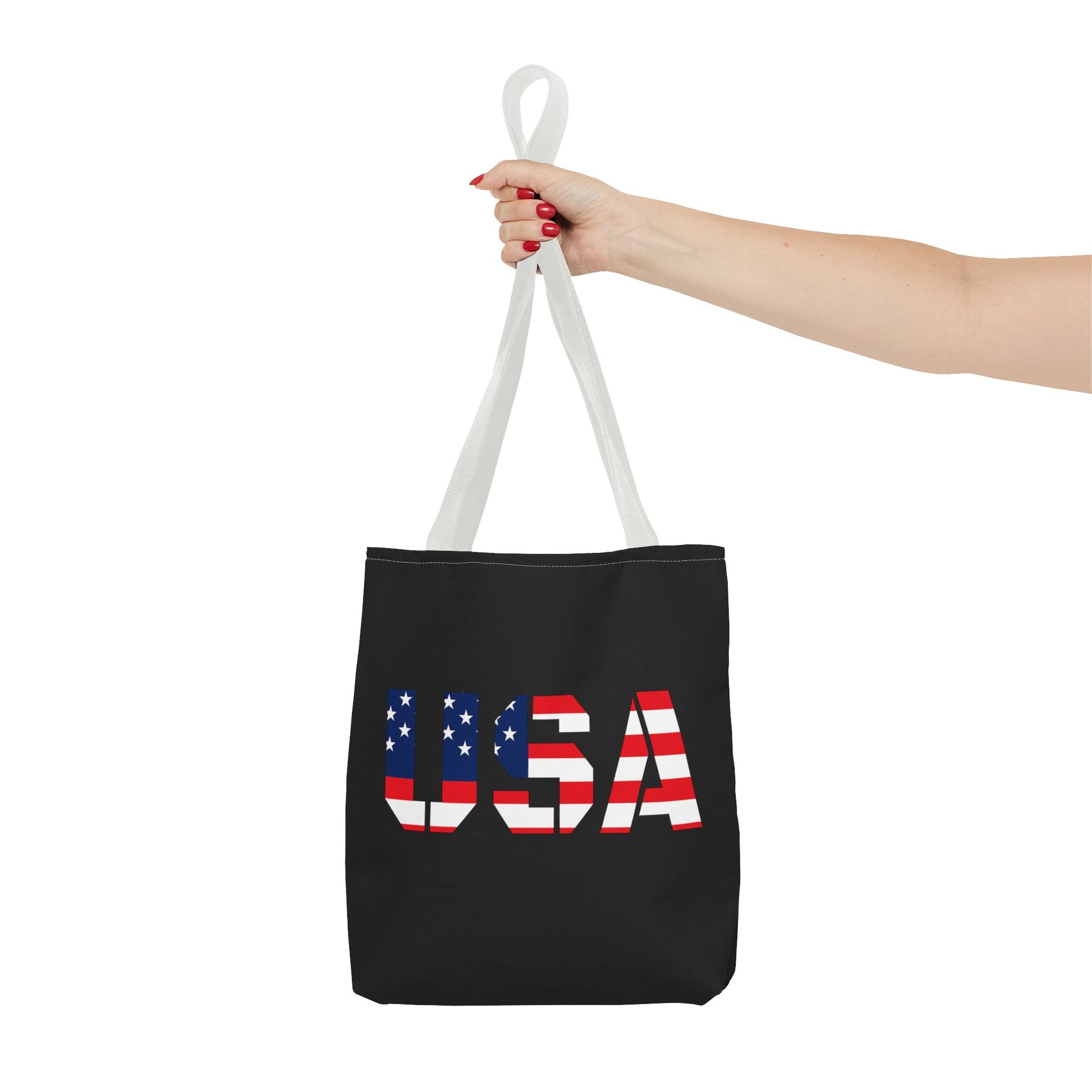 Red, white, and blue patriotic USA flag tote bag by Printify, reusable summer carryall for 4th of July celebrations.