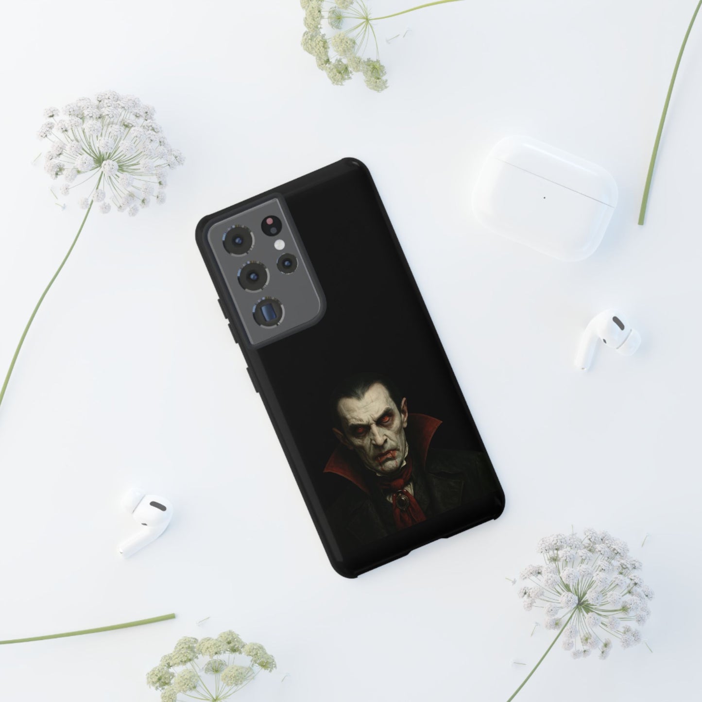Gothic vampire portrait phone case for iPhone featuring Dracula-inspired horror design by Printify.