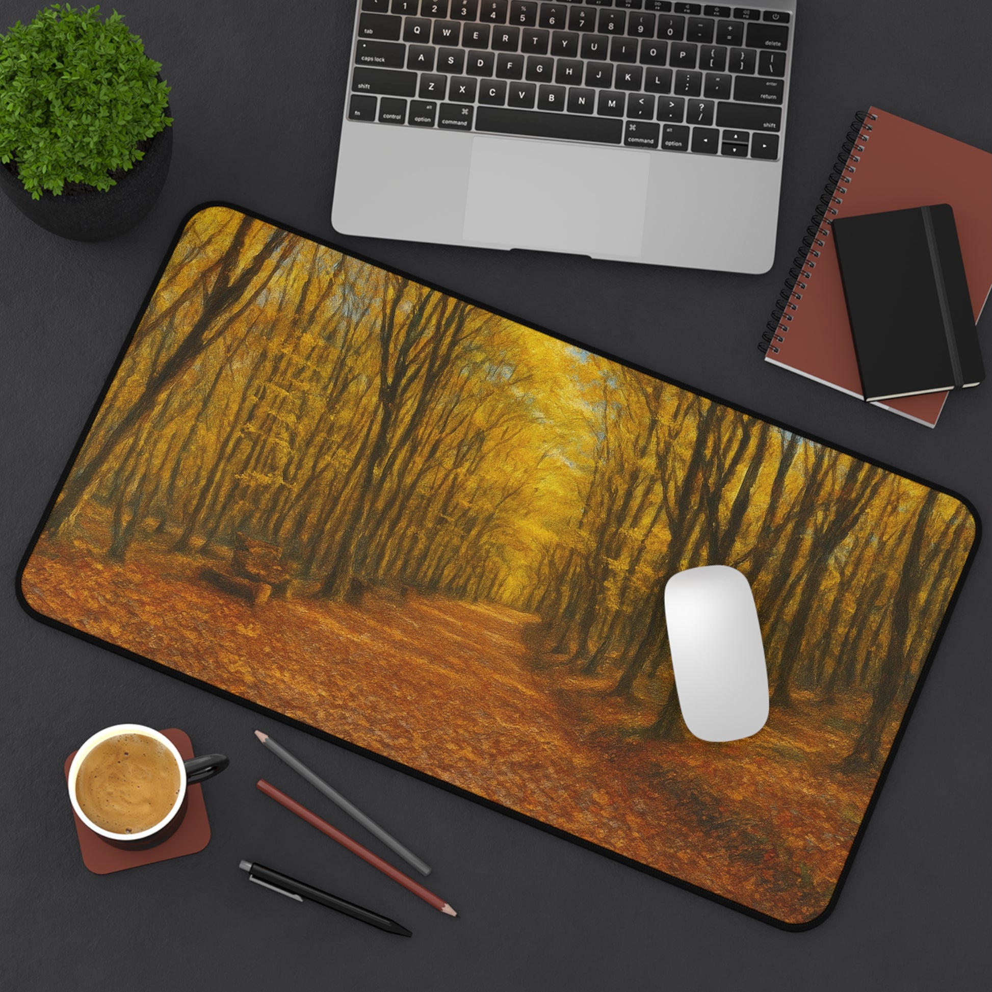 Autumn Forest Path desk mat with fall leaves scenic design, Printify mousepad for computer workspace decoration
