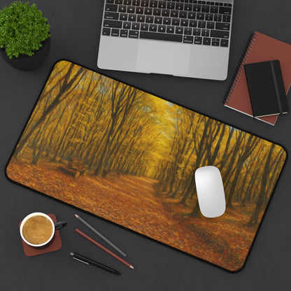 Autumn Forest Path desk mat with fall leaves scenic design, Printify mousepad for computer workspace decoration