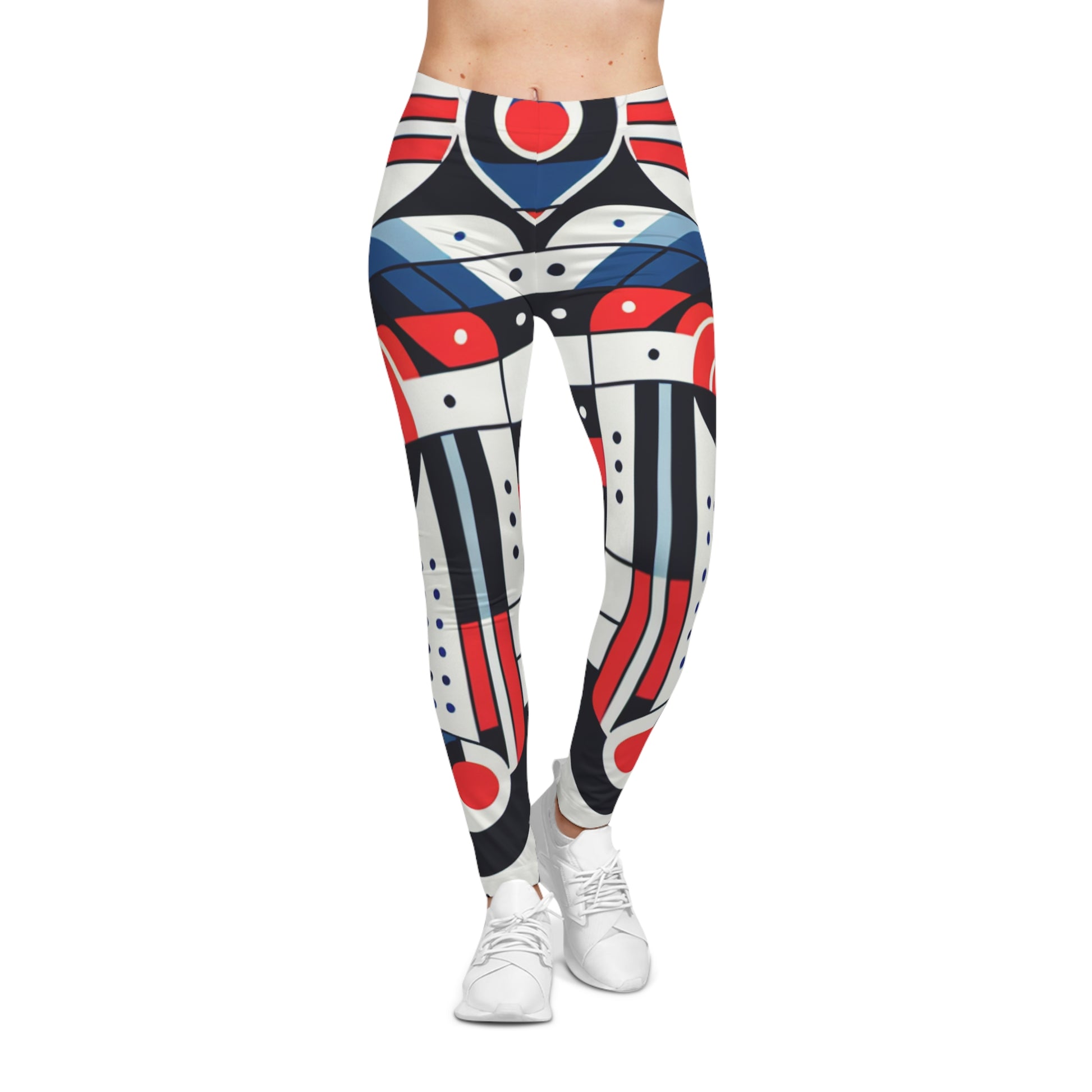 Geometric tribal print leggings in red, white, and blue with all-over tribal pattern, activewear by Printify.