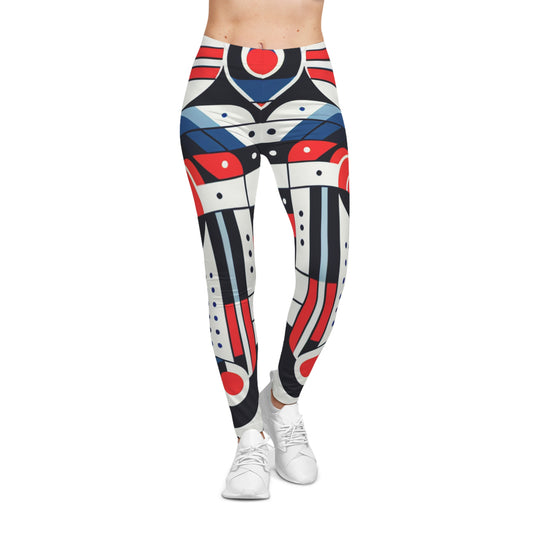 Geometric tribal print leggings in red, white, and blue with all-over tribal pattern, activewear by Printify.