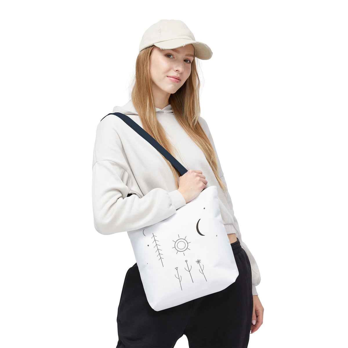 Minimal moon and sun botanical tote bag with celestial line art design, showcasing a stylish and eco-friendly Printify bag.