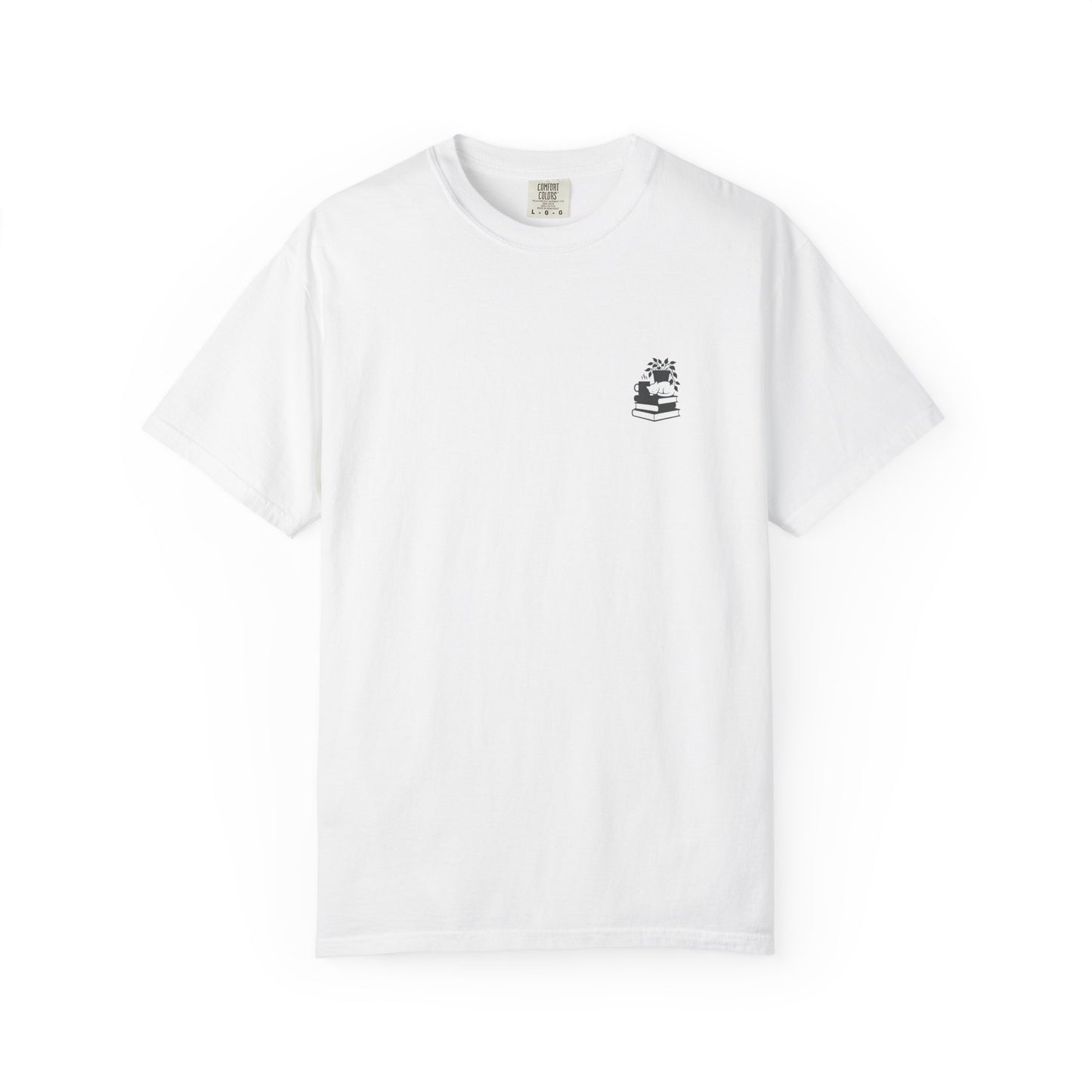 Cozy Cat on Books T-Shirt | Reading Tea Stack Illustration