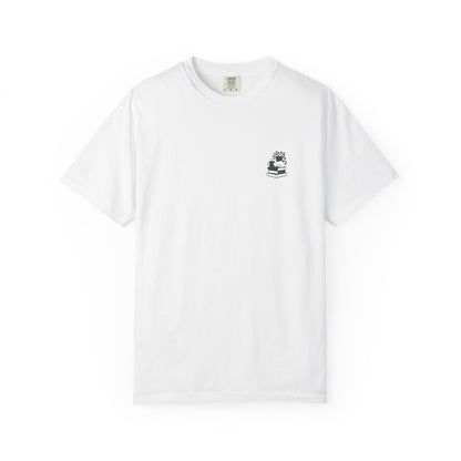 Cozy Cat on Books T-Shirt | Reading Tea Stack Illustration