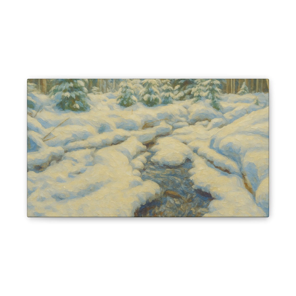 Snowy forest stream winter landscape canvas wall art by Printify, featuring a serene snow-covered forest scene on stretched canvas.