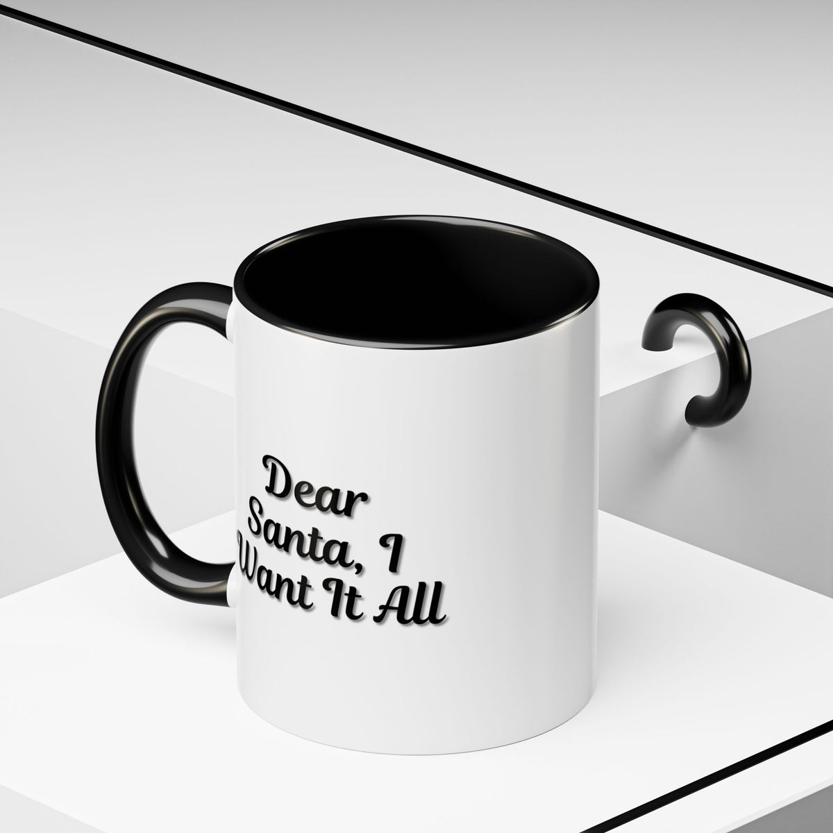 Printify holiday Christmas mug with "Dear Santa I Want It All" text, perfect for festive coffee or hot chocolate drinks.