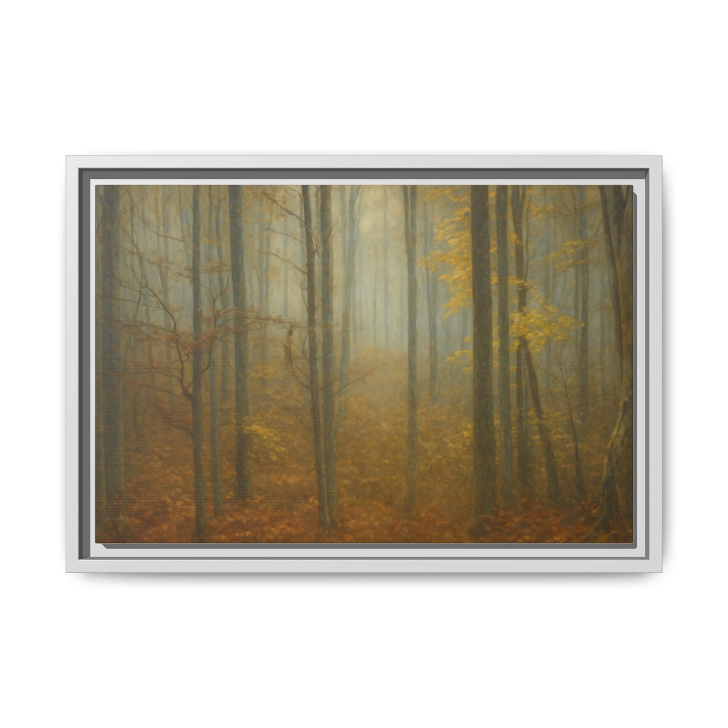 Framed matte canvas wall art of a misty autumn forest showing vibrant fall trees and misty background, by Printify.