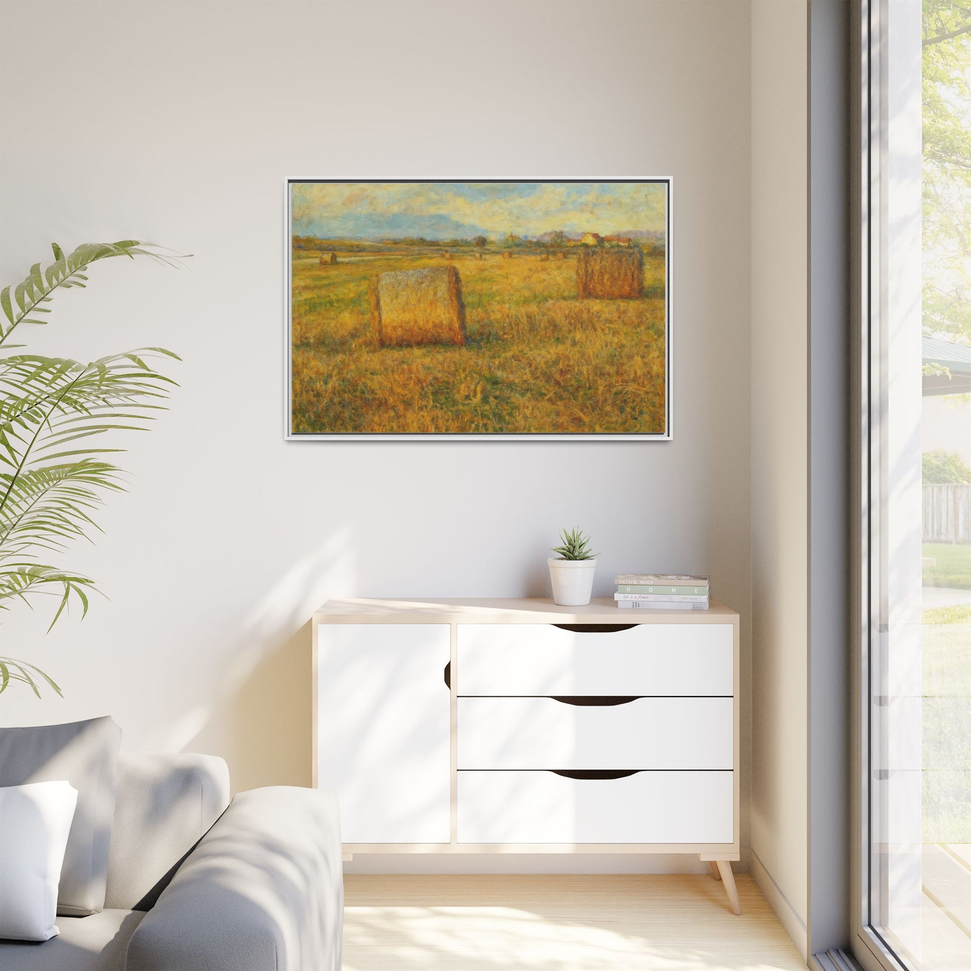 Framed matte canvas wall art featuring a rustic hayfield landscape print by Printify, ideal for rustic or country-themed decor.