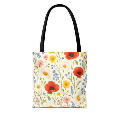 Wildflower Poppy print tote bag with a floral all-over pattern, featuring a spacious design from Printify.
