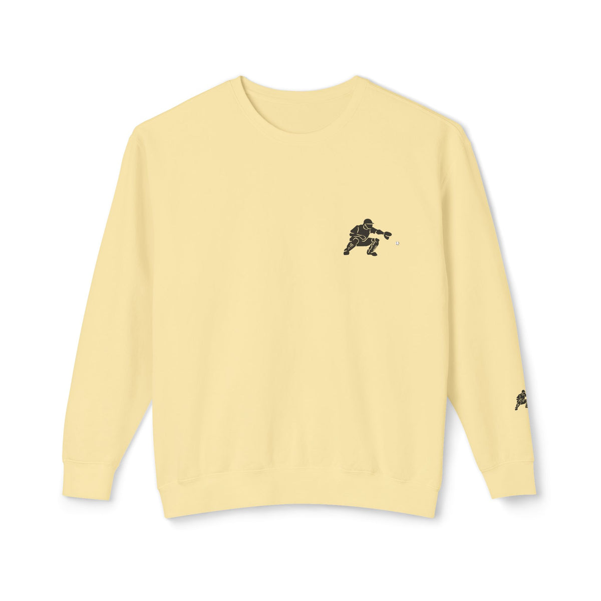 Gray Catcher Baseball Crewneck Sweatshirt with minimalist back graphic, printed by Printify, featuring a comfortable, casual fit.