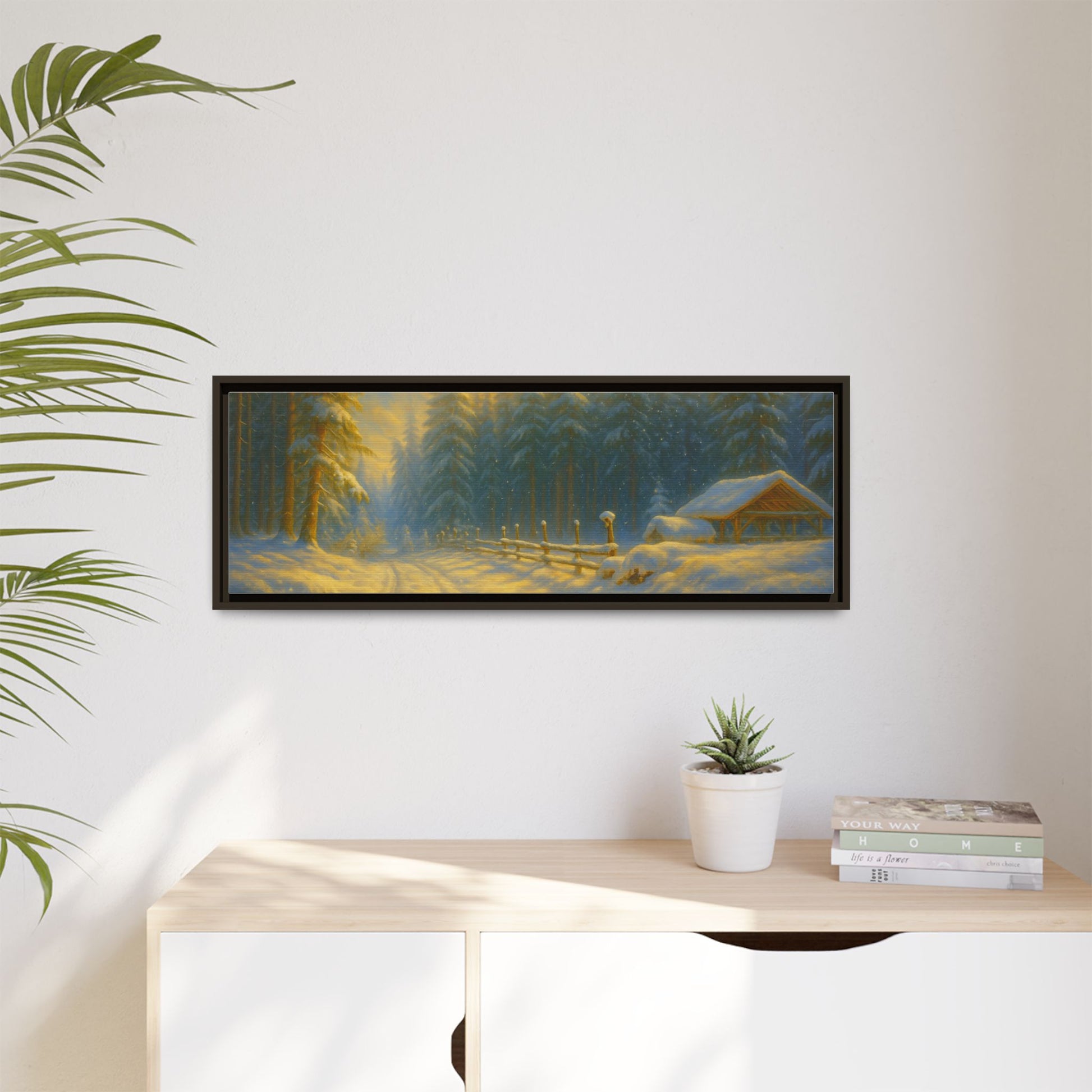 Framed winter cabin canvas print featuring a snowy forest sunset, wall art by Printify with a scenic winter landscape.