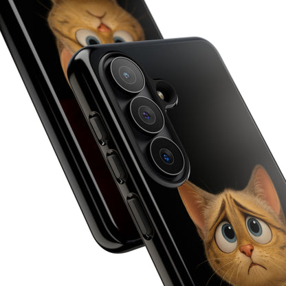 Cute sad kitty print on Printify iPhone case, protective phone cover featuring a playful cat design.
