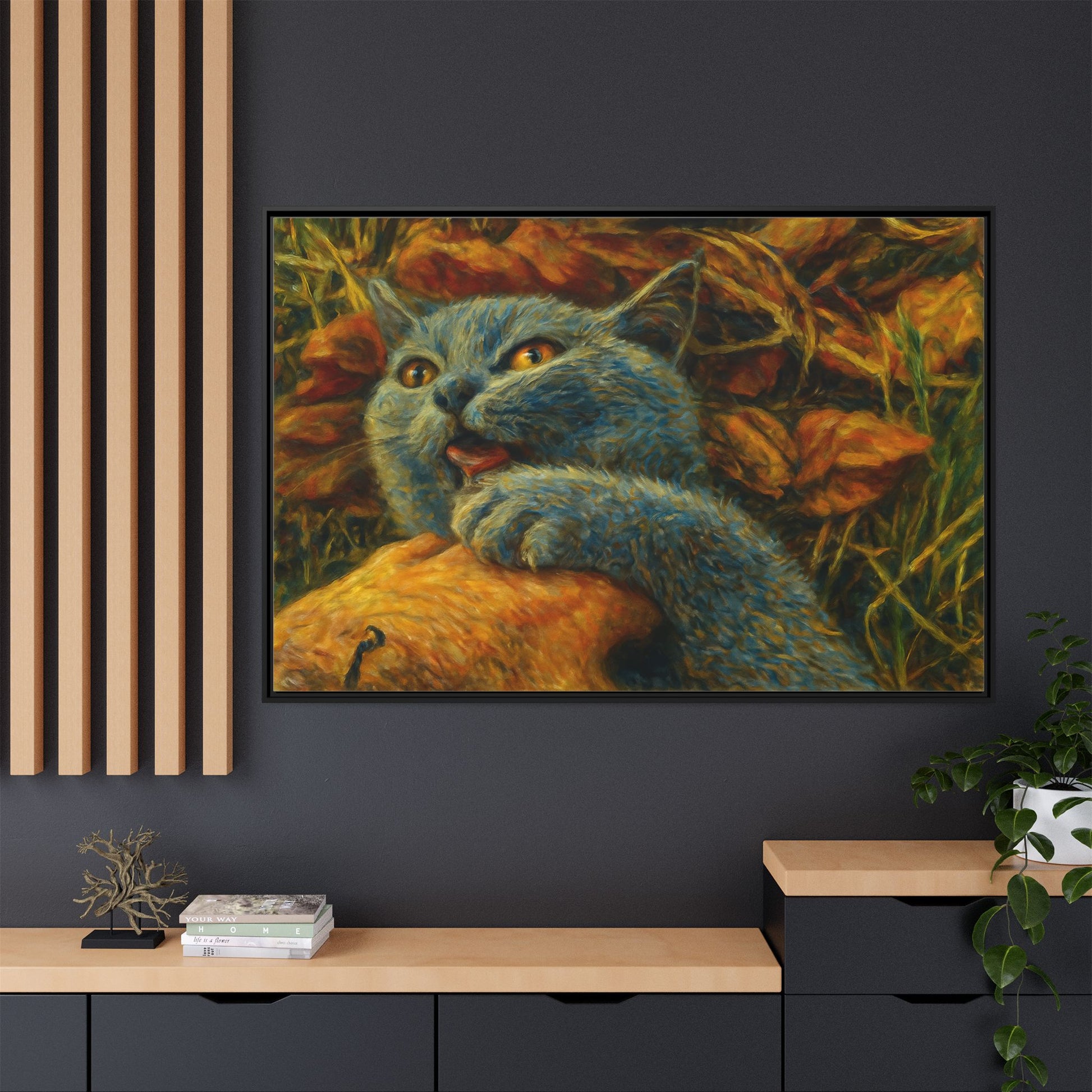 Blue cat canvas print featuring whimsical wall art, perfect gift for cat lovers, by Printify.