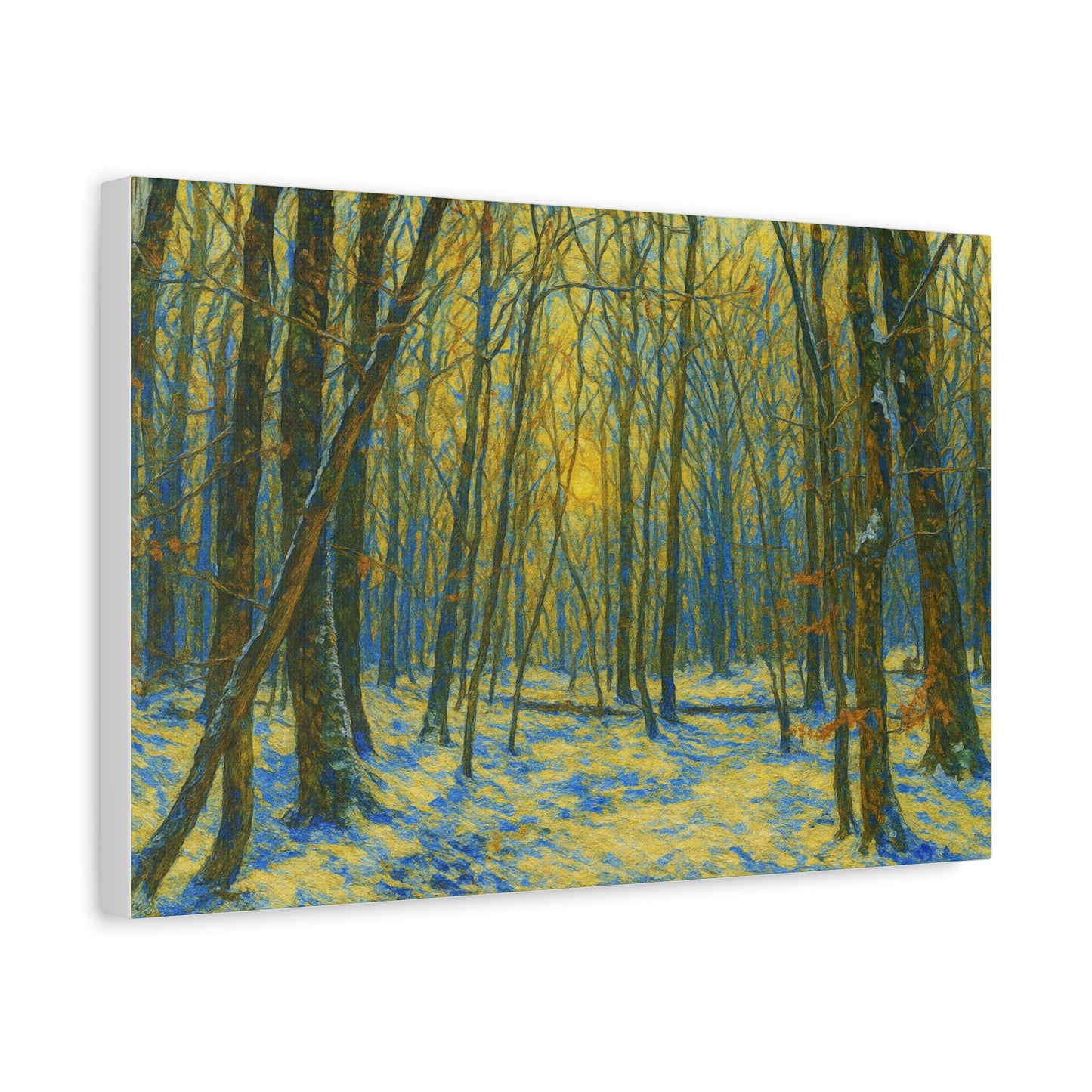 Winter woodland forest sunlight canvas print by Printify, featuring a matte stretched art of a peaceful winter woodland scene.
