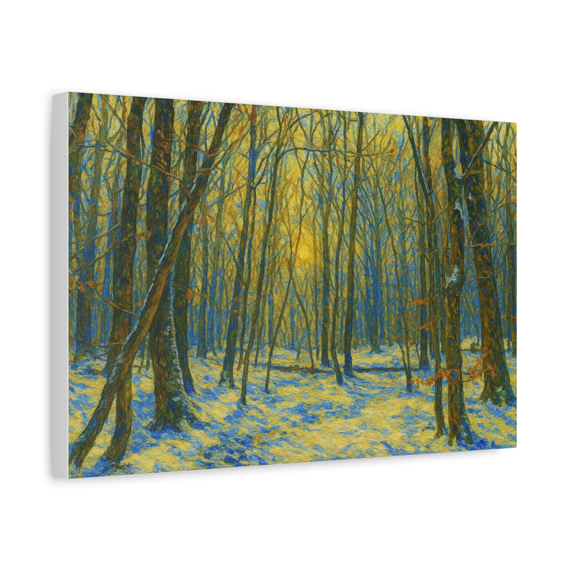 Winter woodland forest sunlight canvas print by Printify, featuring a matte stretched art of a peaceful winter woodland scene.