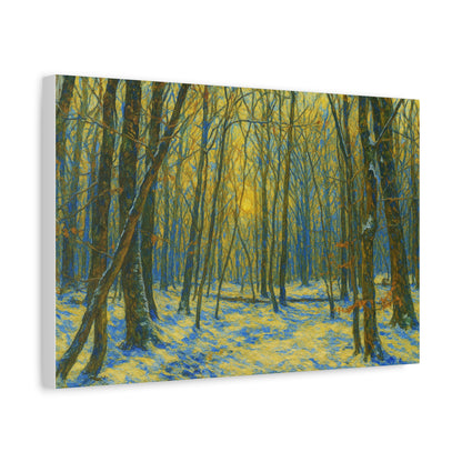 Winter woodland forest sunlight canvas print by Printify, featuring a matte stretched art of a peaceful winter woodland scene.