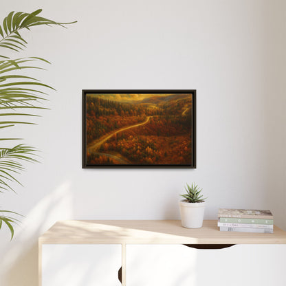 Framed matte canvas print of autumn forest road landscape wall art by Printify, showcasing vibrant fall trees and scenic pathway.