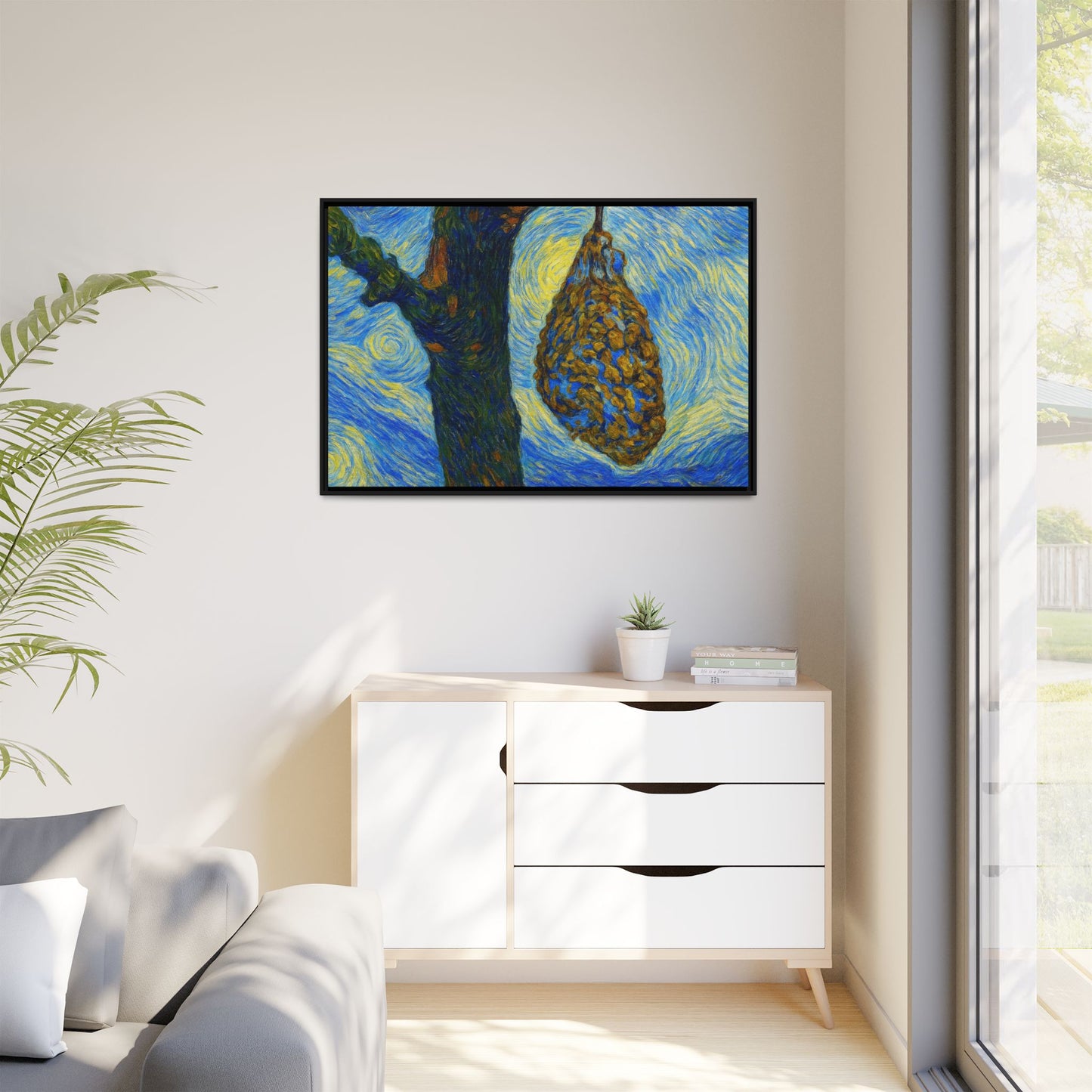 Framed matte canvas art of a starry nut cluster with dried plum in a tree, by Printify, showcasing detailed nature imagery.