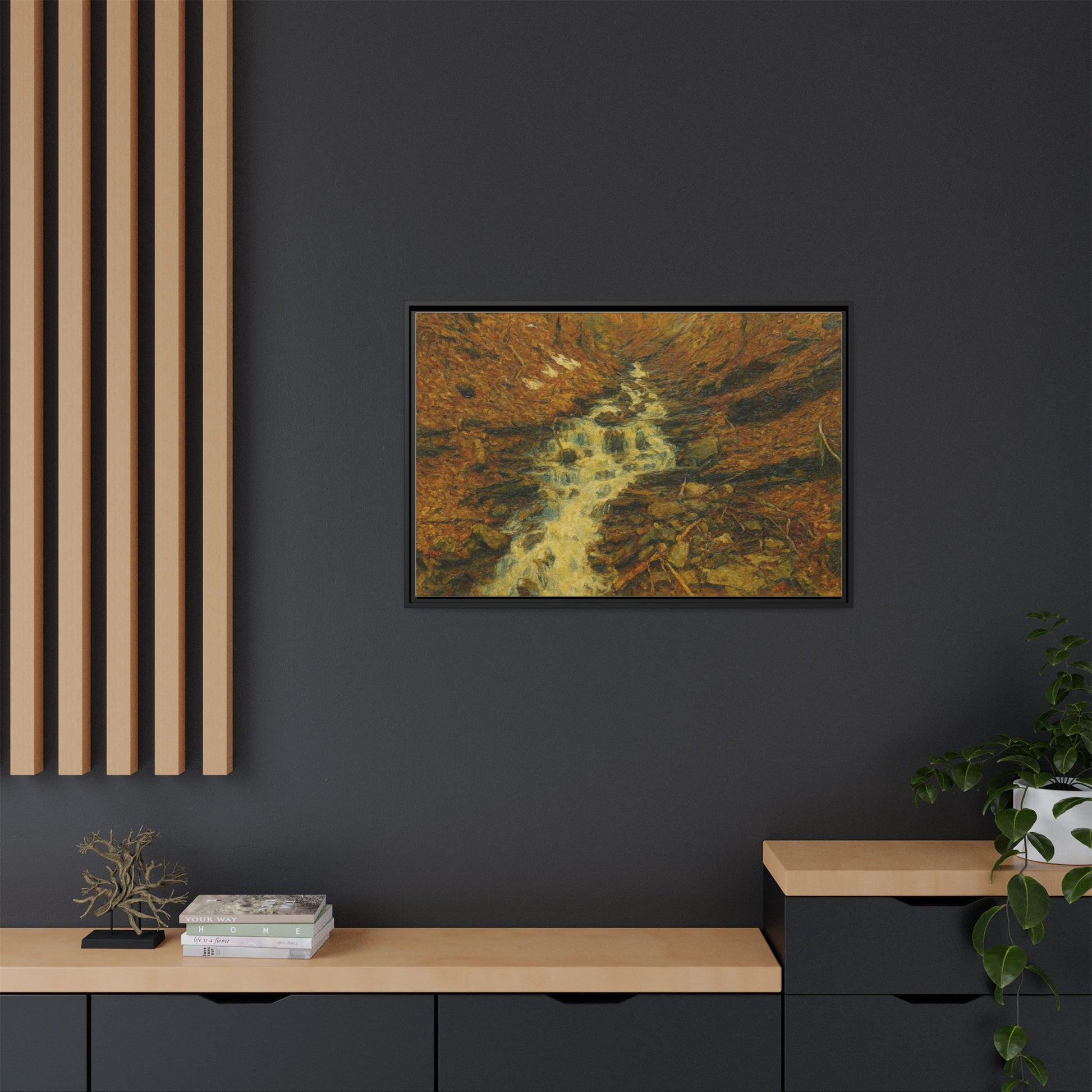 Framed matte canvas print of autumn stream landscape artwork by Printify, featuring vibrant fall colors and detailed nature scene.
