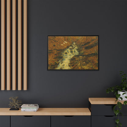 Framed matte canvas print of autumn stream landscape artwork by Printify, featuring vibrant fall colors and detailed nature scene.