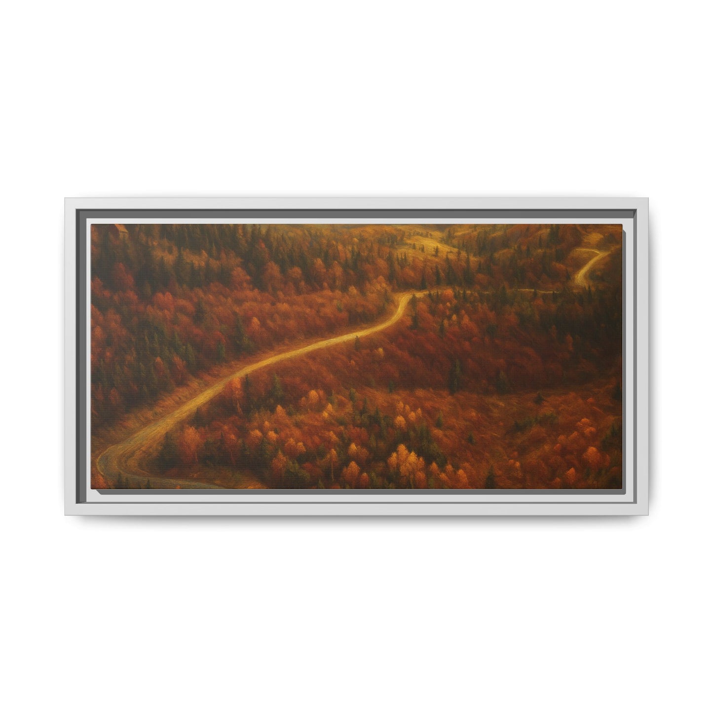 Framed matte canvas print of autumn forest road landscape wall art by Printify, showcasing fall colors and scenic nature scene.