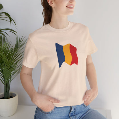 Romania flag T-shirt by Printify featuring a minimal waving tricolor design on a casual cotton tee.