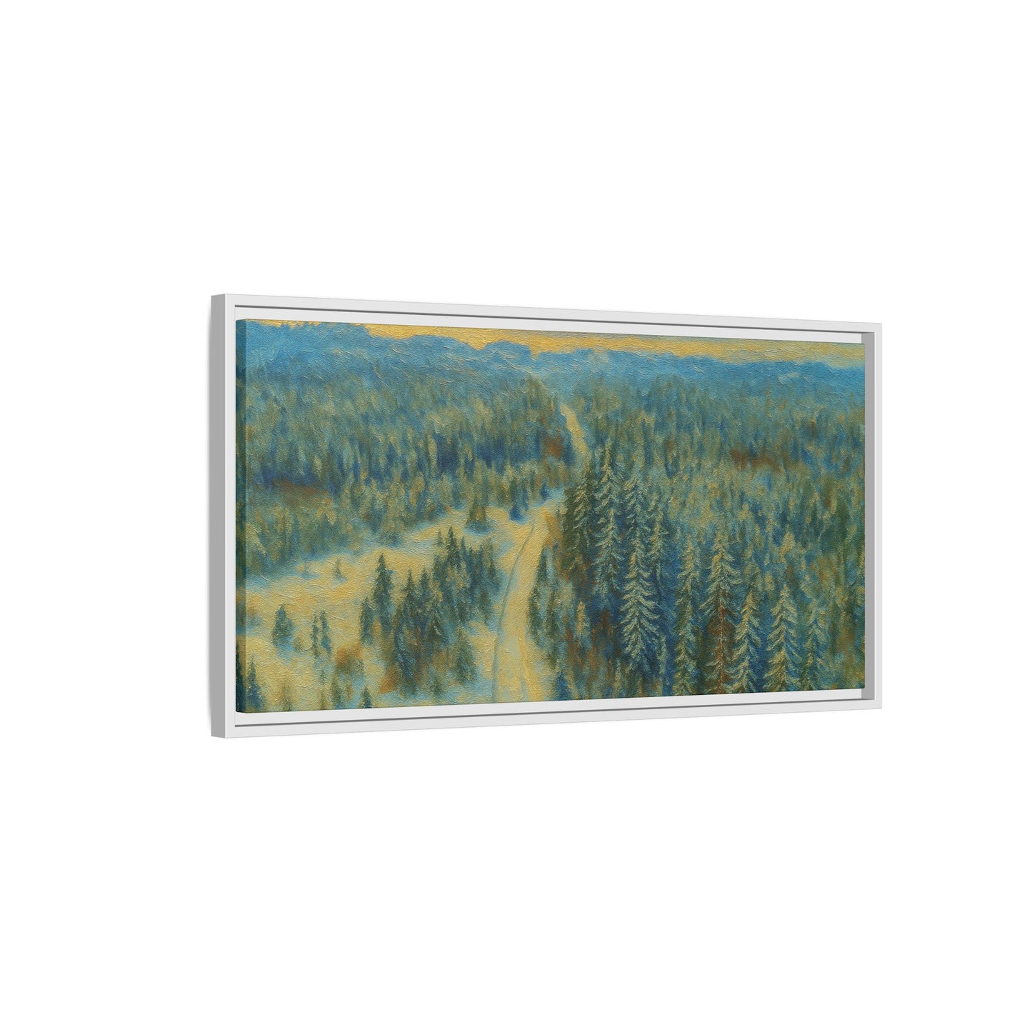Framed matte canvas print of a serene winter forest landscape by Printify, showcasing snow-covered trees and peaceful scenery.
