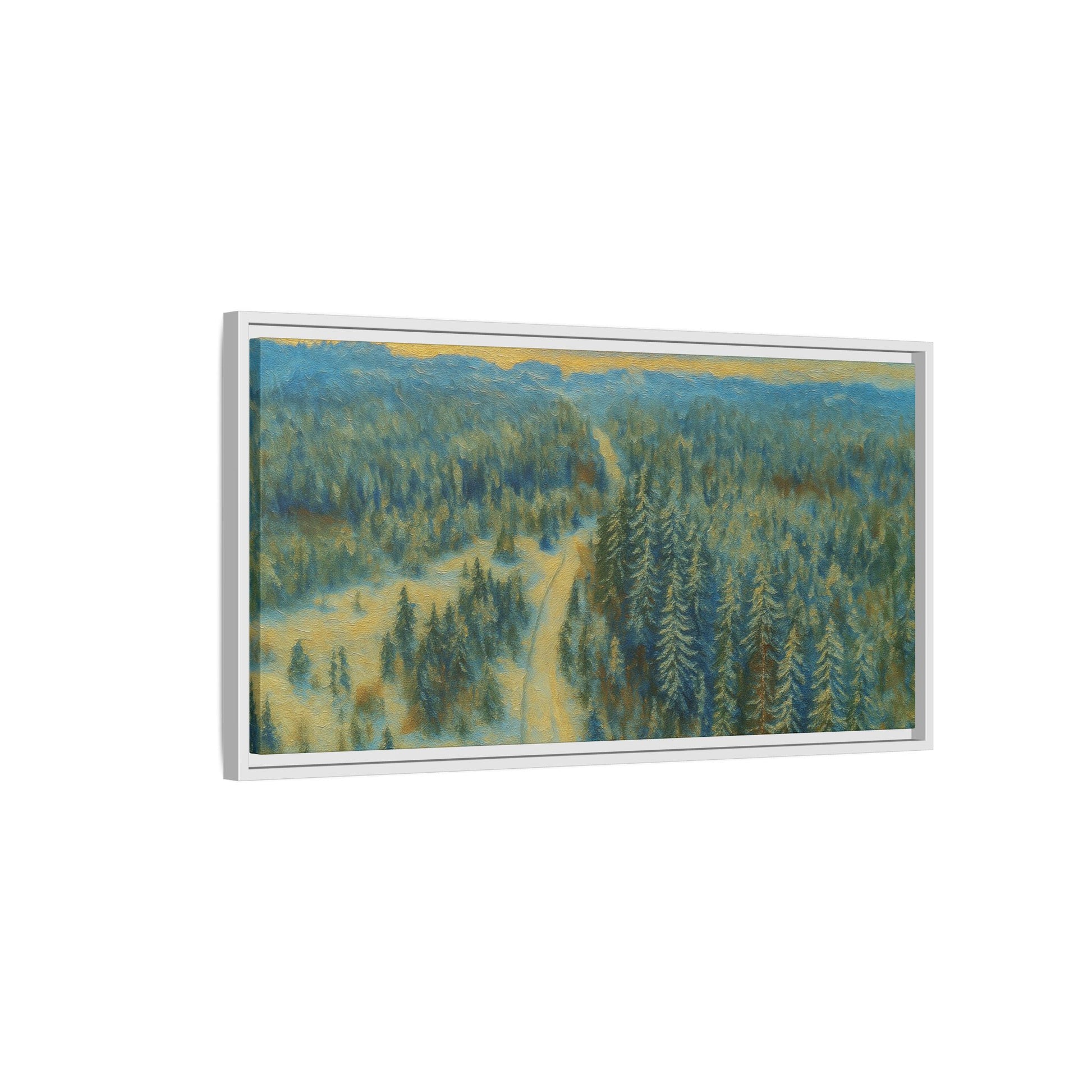 Framed matte canvas print of a serene winter forest landscape by Printify, showcasing snow-covered trees and peaceful scenery.