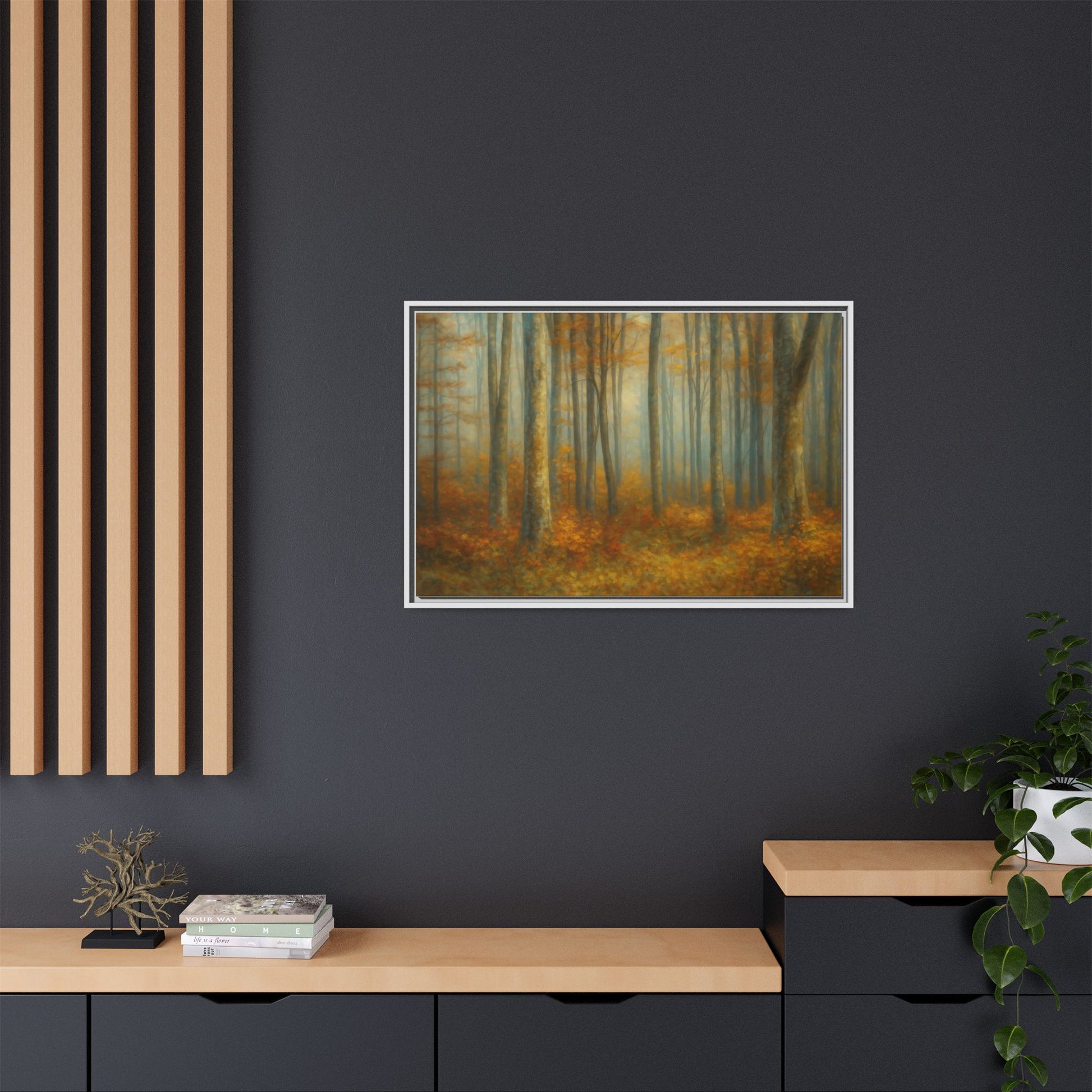 Framed Autumn Forest Canvas Print by Printify featuring misty woodland wall art with vibrant fall colors and natural forest scene.