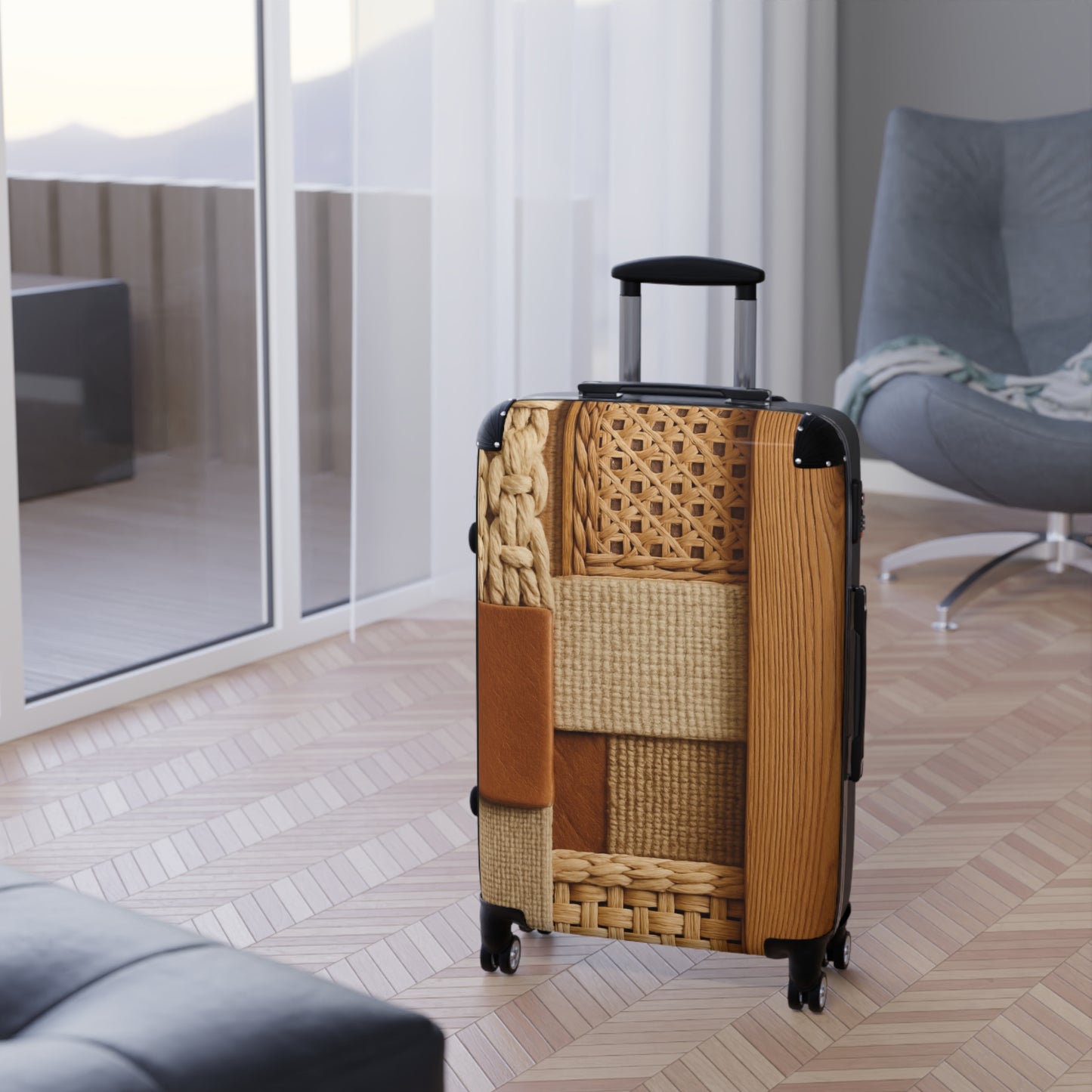 Woven Patchwork Carry-On Suitcase — Cozy Rattan & Knit Travel Luggage